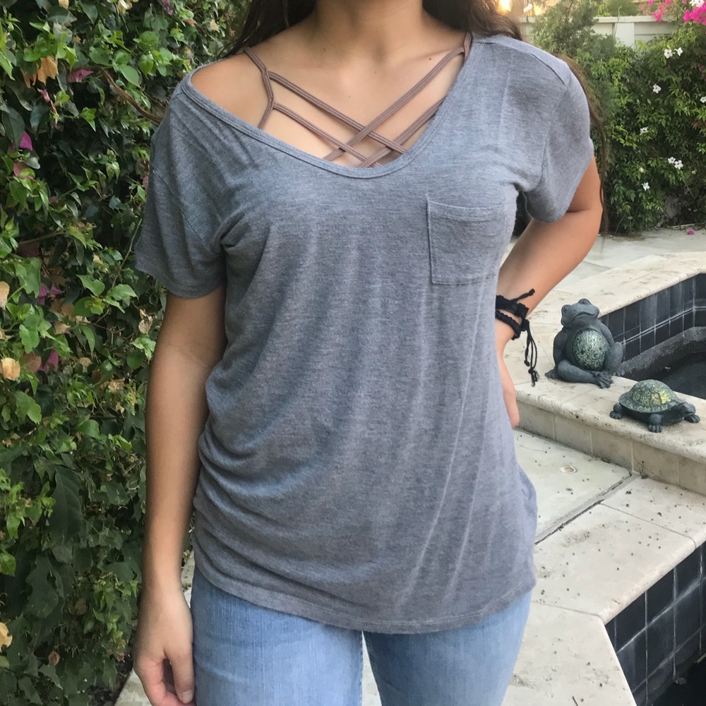 PLAIN COTTON GREY LOOSE GIRLS T-SHIRT WITH POCKET